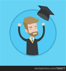 Excited graduate in cloak and graduation hat. A hipster graduate with the beard throwing up his hat. Cheerful graduate celebrating. Vector flat design illustration in the circle isolated on background. Graduate throwing up his hat vector illustration.