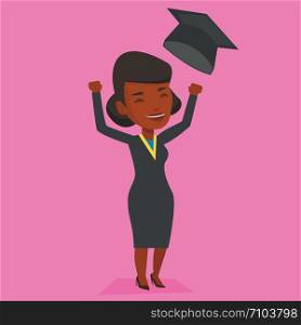 Excited graduate in cloak and graduation hat. An african-american graduate throwing up her hat. Cheerful female graduate with hands raised celebrating. Vector flat design illustration. Square layout.. Graduate throwing up graduation hat.