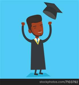 Excited graduate in cloak and graduation hat. An african-american graduate throwing up his hat. Cheerful graduate with hands raised celebrating. Vector flat design illustration. Square layout.. Graduate throwing up his hat vector illustration.