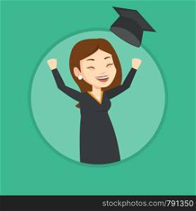 Excited graduate in cloak and graduation hat. Caucasian female graduate throwing up hat. Graduate with hands raised celebrating. Vector flat design illustration in the circle isolated on background.. Graduate throwing up graduation hat.