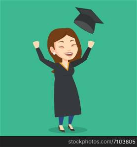 Excited graduate in cloak and graduation hat. Caucasian female graduate throwing up her hat. Cheerful female graduate with hands raised celebrating. Vector flat design illustration. Square layout.. Graduate throwing up graduation hat.