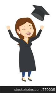 Excited graduate in cloak and graduation hat. Caucasian graduate throwing up hat. Cheerful female graduate with hands raised celebrating. Vector flat design illustration isolated on white background.. Graduate throwing up graduation hat.