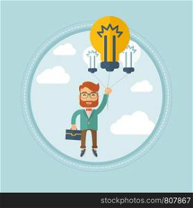 Excited hipster caucasian businessman with the beard flying with balloons made of light bulbs. Successful business idea concept. Vector flat design illustration in the circle isolated on background.. Young man having brilliant business idea.