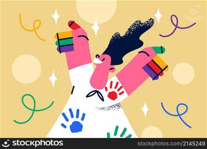 Excited little girl with paints on hands feel joyful optimistic. Happy small kid child with colorful drawings on palms and body enjoy good joyous day. Childhood fun concept. Vector illustration. . Smiling small girl with colorful hands