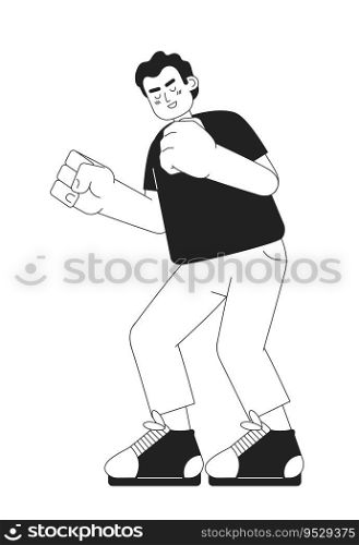 Excited man clenching fists monochromatic flat vector character. Young man. Positive emotions. Editable thin line full body person on white. Simple bw cartoon spot image for web graphic design. Excited man clenching fists monochromatic flat vector character