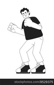 Excited man clenching fists monochromatic flat vector character. Young man. Positive emotions. Editable thin line full body person on white. Simple bw cartoon spot image for web graphic design. Excited man clenching fists monochromatic flat vector character