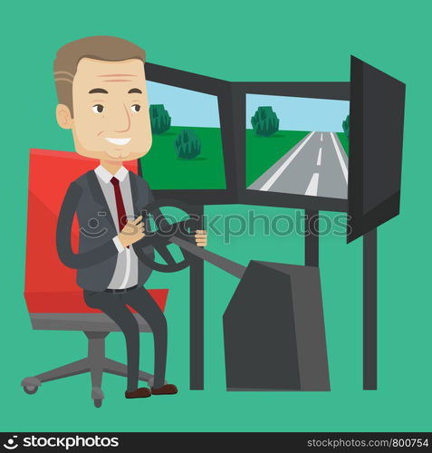 Excited man in a suit playing video game with gaming wheel. Happy smiling gamer driving autosimulator in game room. Man playing car racing video game. Vector flat design illustration. Square layout.. Man playing video game with gaming wheel.