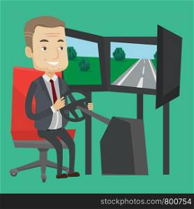 Excited man in a suit playing video game with gaming wheel. Happy smiling gamer driving autosimulator in game room. Man playing car racing video game. Vector flat design illustration. Square layout.. Man playing video game with gaming wheel.