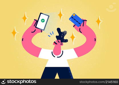 Excited man make online payment on smartphone with credit or debit card. Smiling guy pay on internet with banking app on cellphone. Shopping on web. Successful transaction. Vector illustration. . Happy man pay online with credit card on cellphone