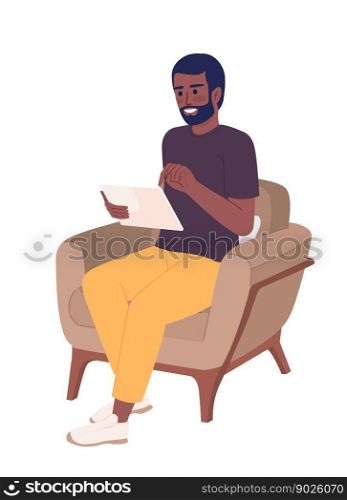 Excited man with tablet resting in armchair semi flat color vector character. Editable figure. Full body person on white. Simple cartoon style spot illustration for web graphic design and animation. Excited man with tablet resting in armchair semi flat color vector character