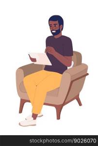Excited man with tablet resting in armchair semi flat color vector character. Editable figure. Full body person on white. Simple cartoon style spot illustration for web graphic design and animation. Excited man with tablet resting in armchair semi flat color vector character