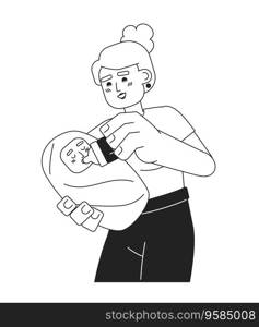 Excited mom feeding baby monochromatic flat vector character. Parenthood. Taking care of baby. Editable thin line full body person on white. Simple bw cartoon spot image for web graphic design. Excited mom feeding baby monochromatic flat vector character