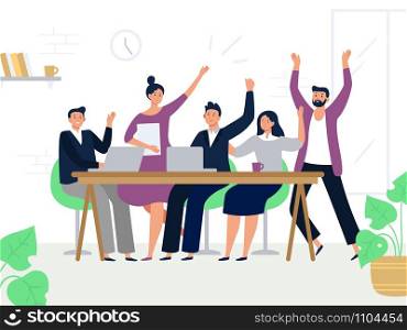 Excited office workers team. Successful managers, happy professional work group and colleagues rejoicing together. Teamwork, businesspeople corporate working flat vector illustration. Excited office workers team. Successful managers, happy professional work group and colleagues rejoicing together. Teamwork flat vector illustration