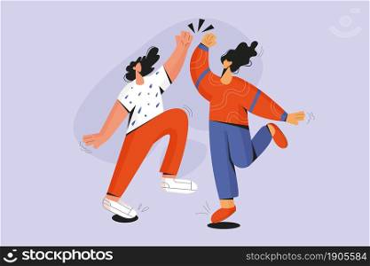 Excited people give high five celebrate shared business victory or win. Overjoyed happy women involved in teambuilding activity. Teamwork, success, goal achievement. Flat vector illustration. . Happy people give high five celebrate success