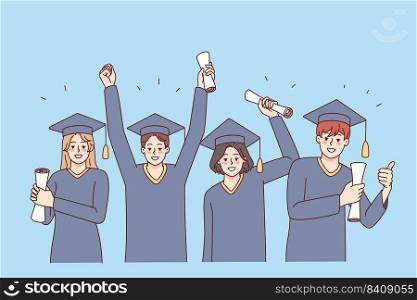Excited people in mantles holding diplomas celebrate college graduation. Smiling students on university degree celebration. Education concept. Vector illustration.. Excited student celebrate college graduation