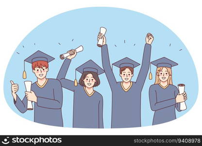 Excited people in mantles holding diplomas celebrate college graduation. Smiling students on university degree celebration. Education concept. Vector illustration.. Excited student celebrate college graduation