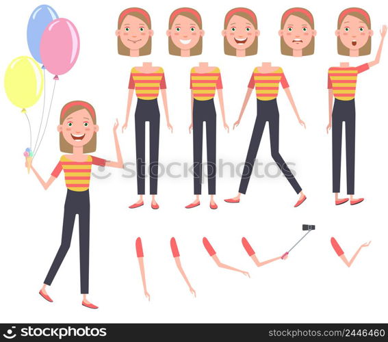 Excited pretty girl with heap of colorful balloons character set with different poses, emotions, gestures. Parts of body, monopod. Can be used for topics like birthday, celebration, teenager