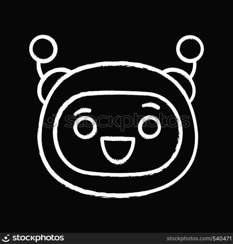 Excited robot emoji chalk icon. Laughing chatbot smiley with broad smile and open eyes. Happy chat bot emoticon. Artificial conversational entity. Isolated vector chalkboard illustration. Excited robot emoji chalk icon