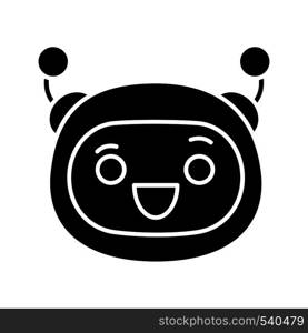 Excited robot emoji glyph icon. Laughing chatbot smiley with broad smile and open eyes. Silhouette symbol. Happy chat bot emoticon. Negative space. Vector isolated illustration. Excited robot emoji glyph icon