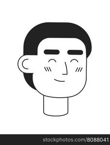 Excited short hair man with closed eyes monochromatic flat vector character head. Editable black white cartoon face emotion. Hand drawn lineart ink spot illustration for web graphic design, animation. Excited short hair man with closed eyes monochromatic flat vector character head