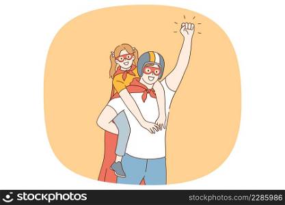 Excited small girl child piggyback smiling loving father wearing superhero costumes together. Happy caring dad play with teen little daughter in funny childish game. Fatherhood. Vector illustration. . Happy father play superheroes with small daughter