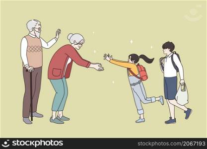 Excited small kids visit elderly grandparents. Happy mature grandmother and grandfather meet happy little grandchildren. Family bonding and reunion. Older and younger generation. Vector illustration. . Old grandparents meet excited small grandchildren