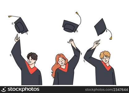 Excited students in mantles throw caps in air overjoyed with college or university graduation. Smiling graduates celebrate school finish. Education and success. Vector illustration. . Excited students throw hats in air celebrate graduation