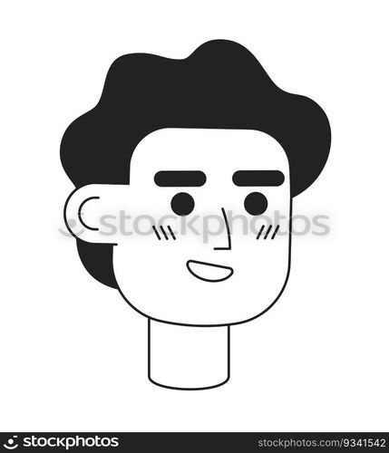 Excited wavy haired male employee monochrome flat linear character head. Feeling energized. Editable outline hand drawn human face icon. 2D cartoon spot vector avatar illustration for animation. Excited wavy haired male employee monochrome flat linear character head