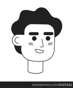 Excited wavy haired male employee monochrome flat linear character head. Feeling energized. Editable outline hand drawn human face icon. 2D cartoon spot vector avatar illustration for animation. Excited wavy haired male employee monochrome flat linear character head