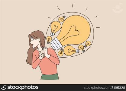 Excited woman carry bad full of lightbulbs. Smiling confident female employee with creative innovative business ideas. Vector illustration.. Excited woman carry bag full of lightbulbs