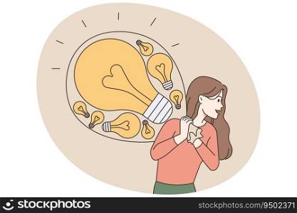 Excited woman carry bad full of lightbulbs. Smiling confident female employee with creative innovative business ideas. Vector illustration.. Excited woman carry bag full of lightbulbs