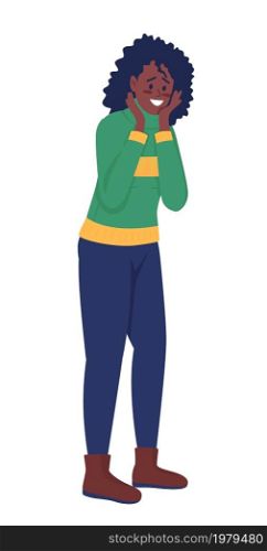 Excited woman semi flat color vector character. Posing figure. Full body person on white. Sweater weather isolated modern cartoon style illustration for graphic design and animation. Excited woman semi flat color vector character