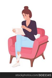 Excited woman with personal tablet in chair semi flat color vector character. Editable figure. Full body person on white. Simple cartoon style spot illustration for web graphic design and animation. Excited woman with personal tablet in chair semi flat color vector character