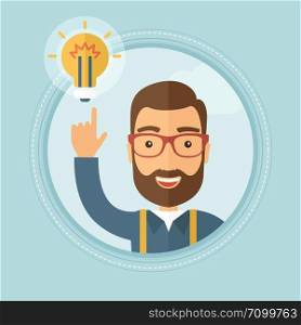 Excited young caucasian hipster businessman with beard pointing finger up at bright light bulb. Concept of creative business idea. Vector flat design illustration in the circle isolated on background.. Businessman having business idea.