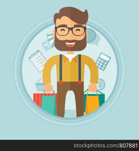 Excited young caucasian hipster shopper with the beard holding a lot of shopping bags on the background with shopping icons. Vector flat design illustration in the circle isolated on background.. Happy man with shopping bags vector illustration.