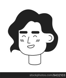 Excited young caucasian woman with short hair monochrome flat linear character head. Editable outline hand drawn human face icon. 2D cartoon spot vector avatar illustration for animation. Excited young caucasian woman with short hair monochrome flat linear character head