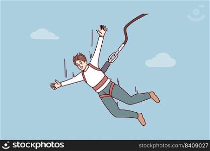 Excited young man jumping with parachute. Smiling guy enjoy extreme sport with rope jumping. Vector illustration. . Excited man jump with parachute