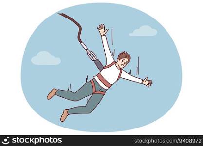 Excited young man jumping with parachute. Smiling guy enjoy extreme sport with rope jumping. Vector illustration.. Excited man jump with parachute