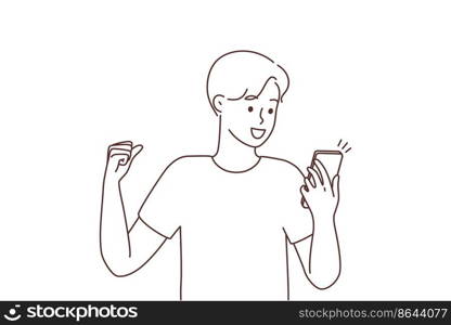 Excited young man look at cellphone screen feel euphoric with good news on message. Overjoyed guy celebrate lottery win or victory on smartphone. Vector illustration. . Excited man celebrate good news on cellphone 