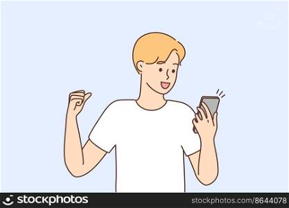 Excited young man look at cellphone screen feel euphoric with good news on message. Overjoyed guy celebrate lottery win or victory on smartphone. Vector illustration. . Excited man celebrate good news on cellphone 