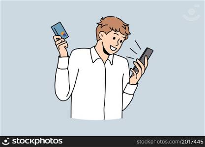 Excited young man shopping online on smartphone with credit or debit card. Smiling guy make purchase pay bills on internet on cellphone using web banking app. Flat vector illustration.. Happy young man shopping on cellphone with credit card