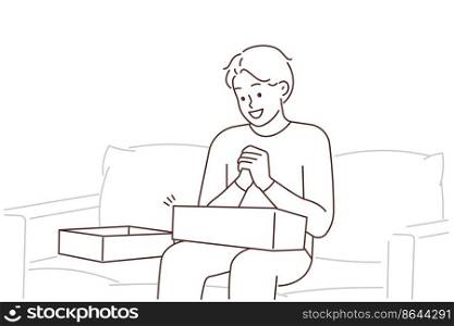 Excited young man sit on couch at home open order shopping online. Smiling guy unpack carton package buying on internet. Consumerism. Vector illustration. . Excited man unpack order at home 