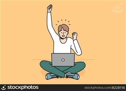 Excited young man use laptop triumph with good news or message online. Happy guy feel emotional celebrate success or promotion. Vector illustration. . Excited man triumph with good online news