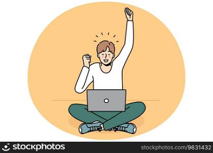 Excited young man use laptop triumph with good news or message online. Happy guy feel emotional celebrate success or promotion. Vector illustration.. Excited man triumph with good online news