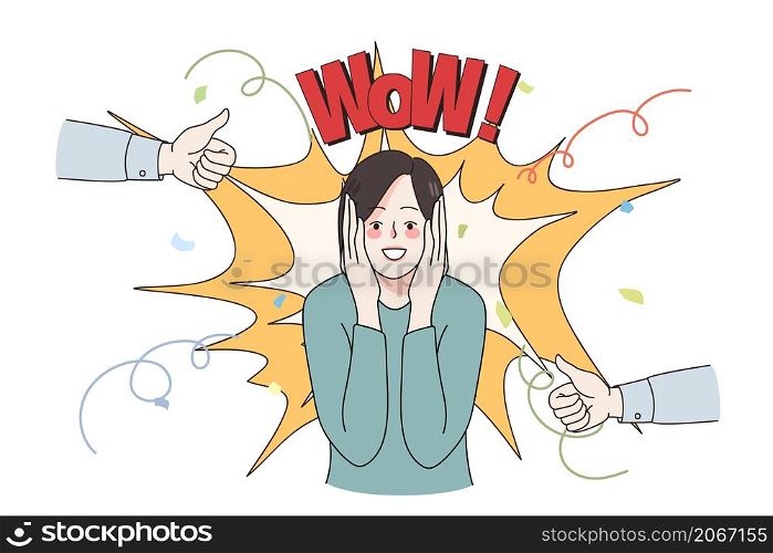 Excited young woman feel euphoric celebrate lottery win or victory. Overjoyed girl triumph with success, people show thumbs up congratulate female winner. Reward, wow concept. Vector illustration. . Overjoyed woman triumph with success or win