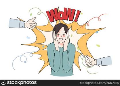 Excited young woman feel euphoric celebrate lottery win or victory. Overjoyed girl triumph with success, people show thumbs up congratulate female winner. Reward, wow concept. Vector illustration. . Overjoyed woman triumph with success or win