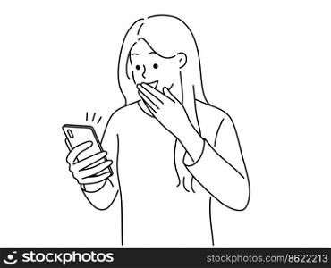 Excited young woman look at cellphone screen feel overjoyed with good news online. Happy girl shocked with message on smartphone. Vector illustration. . Excited woman surprised by message on cell