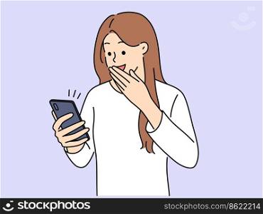 Excited young woman look at cellphone screen feel overjoyed with good news online. Happy girl shocked with message on smartphone. Vector illustration. . Excited woman surprised by message on cell