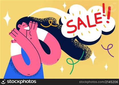 Excited young woman overjoyed triumph with online seasonal sales or promotion. Happy girl feel euphoric buying shopping in mall or store. Winter discount or deals. Flat vector illustration. . Happy woman excited with sale offer