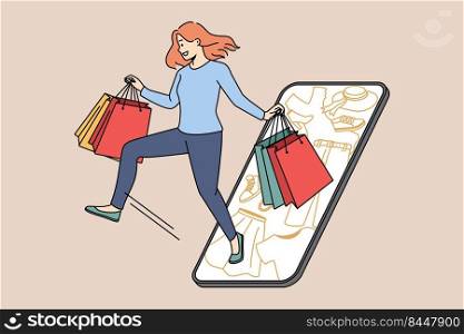 Excited young woman with bags shopping online on smartphone on seasonal sales. Smiling girl have fun buying on internet on cellphone. Consumerism. Vector illustration.. Smiling woman shopping online on smartphone
